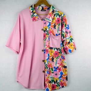 Heimish USA Women's 2XL Pink Floral Contrast Button Up‎ Short Sleeve Shirt